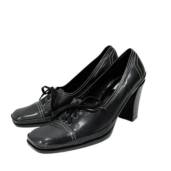 Vintage 90s Lace Up Oxford Size 8.5 Black Leather Square Toe Heels VS Macbeth - Picture 2 of 15